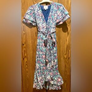 Banjanan midi faux-wrap dress in blue and pink floral sz L